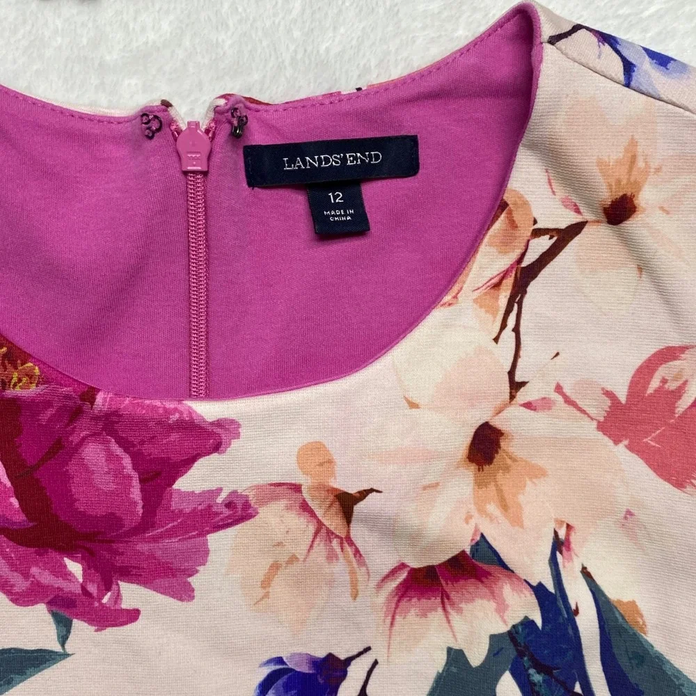 Lands End Womens Floral Sleeveless Sheath Dress Pink Purple Cream‎ Size 12